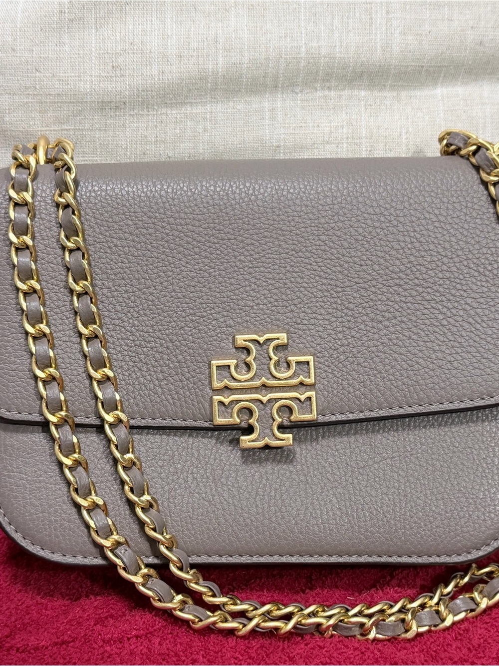 Tory Burch Pebbled Taupe Shoulder Bag with Gold Chain
